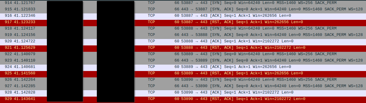 TCP dump in Wireshark sourced from the Steelink server. Communication between the firewall and the proxy is shown. The TCP handshake is performed properly, but the connection is then terminated by the firewall.